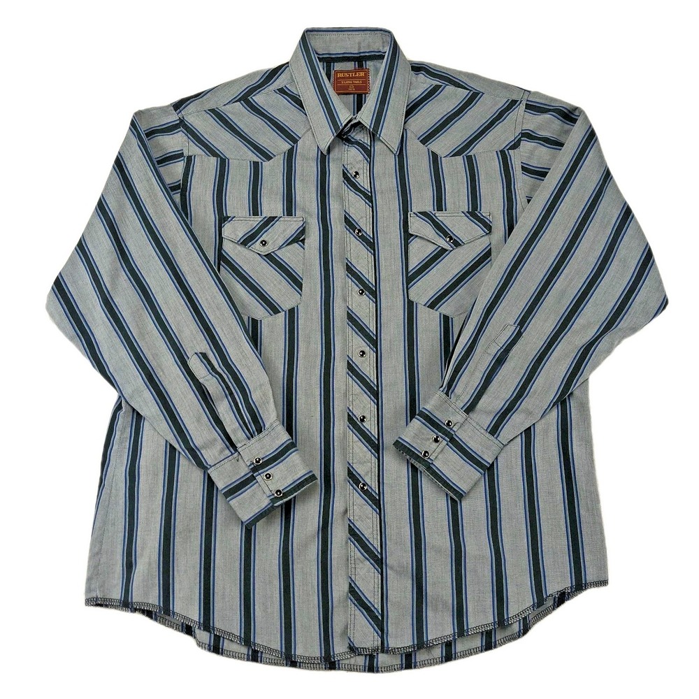 Rustler Mens XL Long Tails Western Pearl Snap Shirt Gray Blue Striped 17.5 34/35